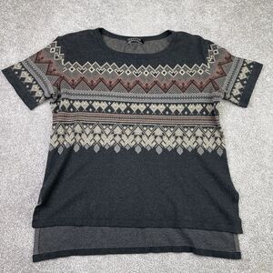 Peruvian Connection Sweater Women’s Large Gray Short Sleeve Cotton Fair Isle